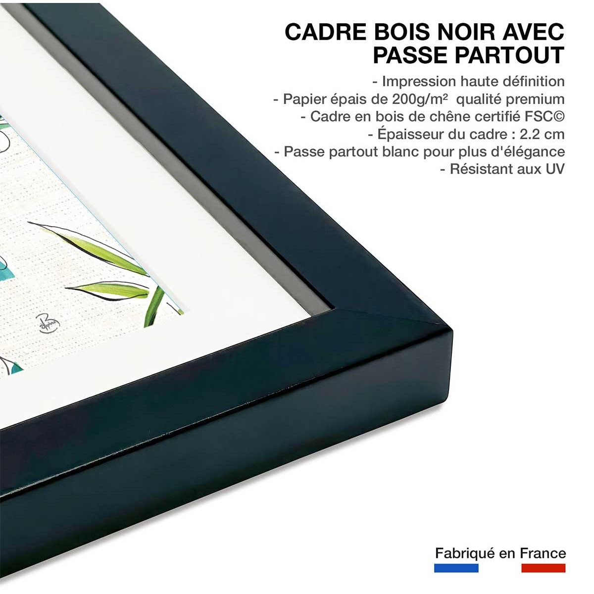 Affiche Hibiscus, orchidée et cie affiche + cadre en bois - noir, HEXOA