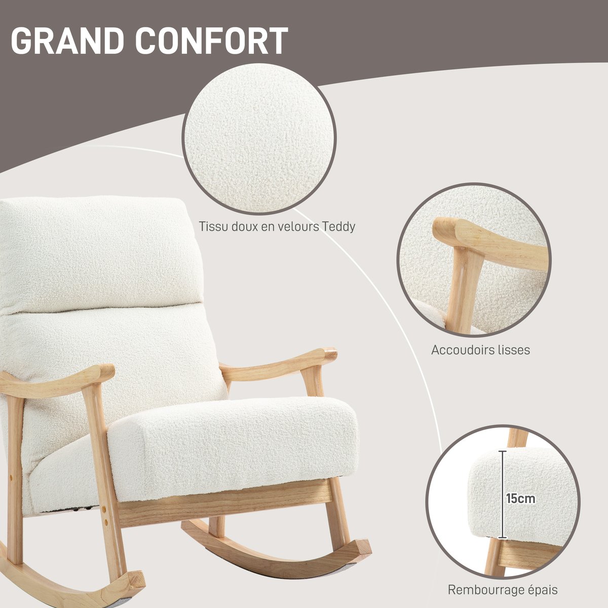 Fauteuil à bascule Tissu en velours teddy crème, HOMCOM