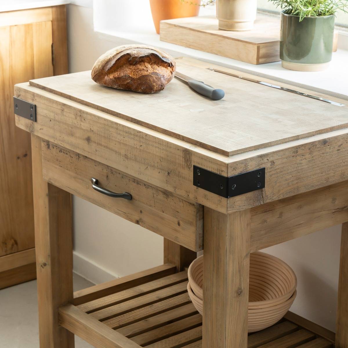 Meuble bas de cuisine en bois recyclé GARANCE bois clair, MADE IN MEUBLES