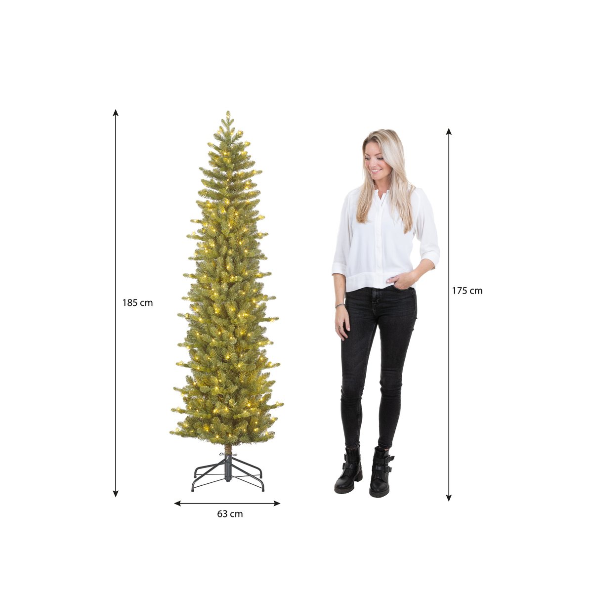 Sapin de Noël artificiel étroit et enneigé avec LED H185 cm HARMA vert, BLACK BOX TREES