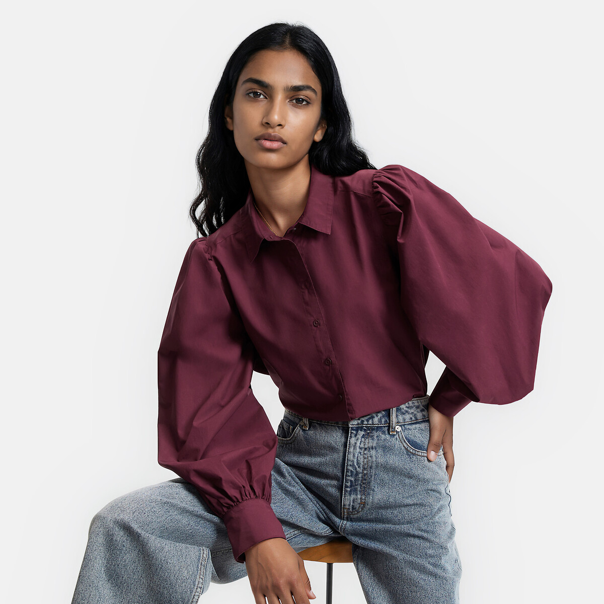 Chemise ample à manches bouffantes en coton rouge bordeaux, LA REDOUTE COLLECTIONS