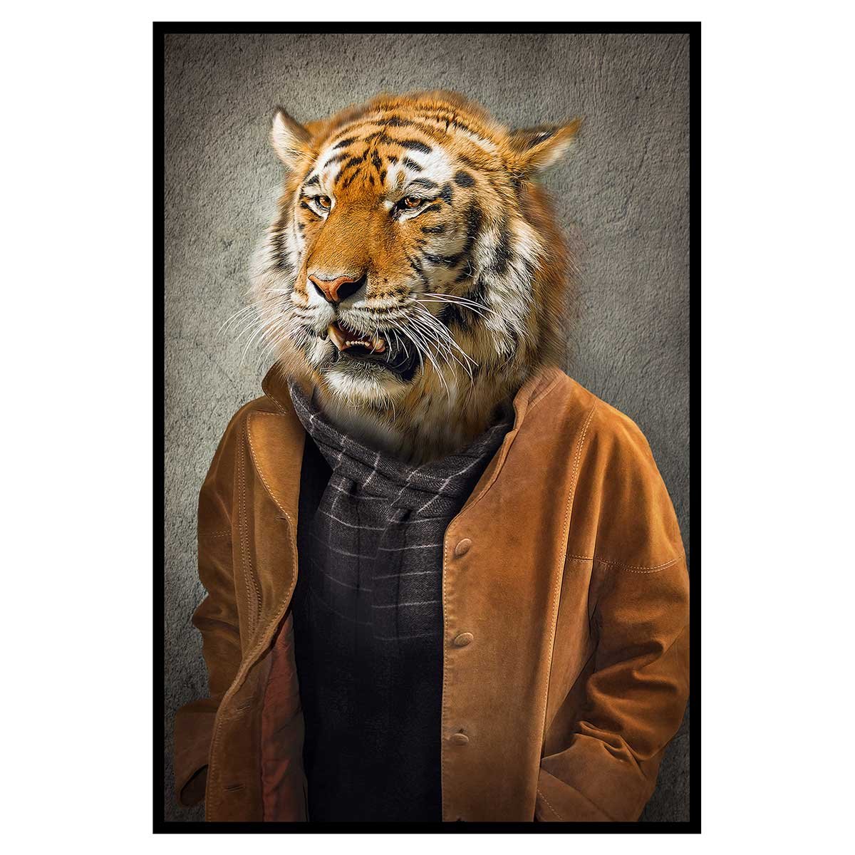 Affiche encadrée tigre majestueux en tenue élégante affiche + cadre en métal - noir, HEXOA