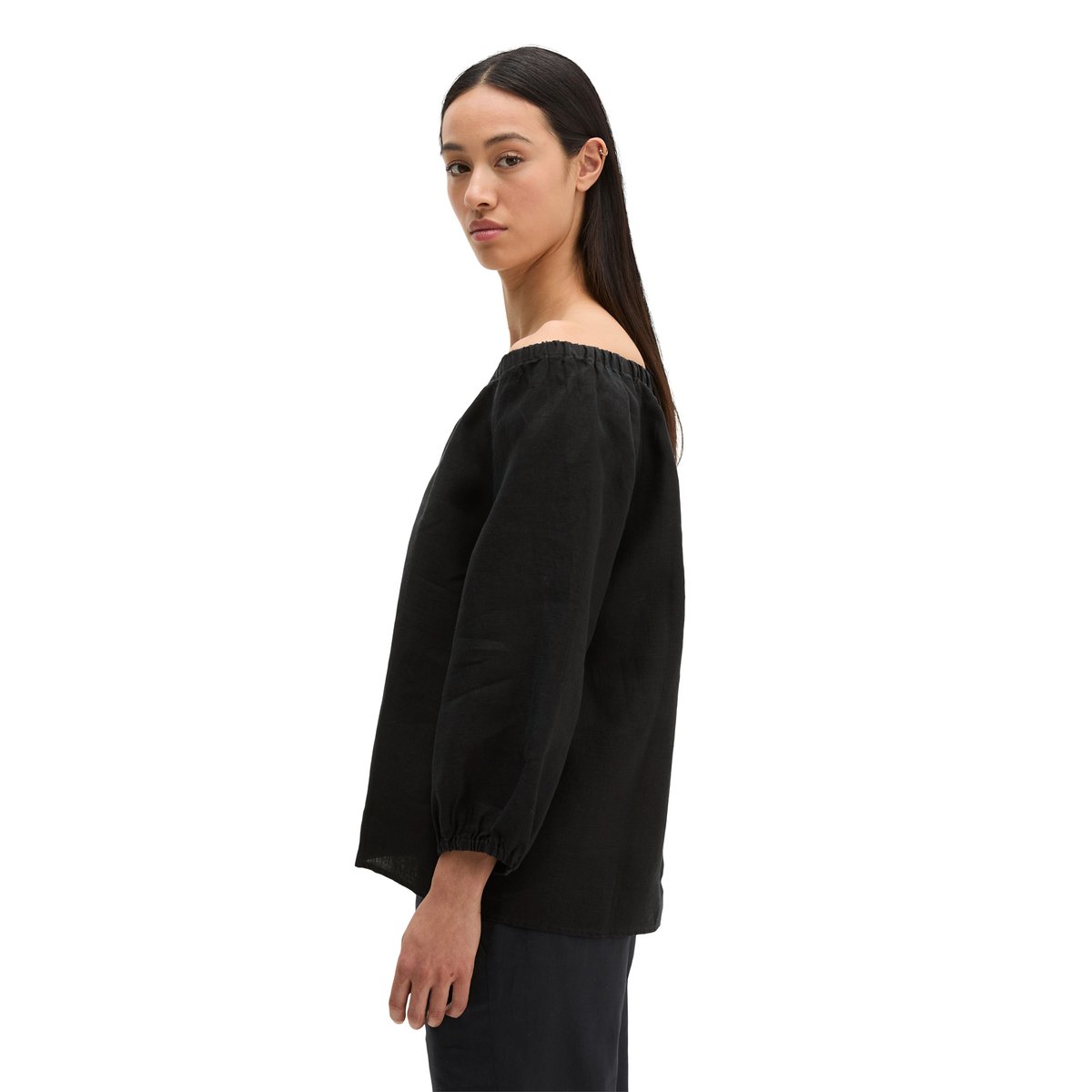Blouse à col en lin regular avec encolure élastique noir, MARC O'POLO