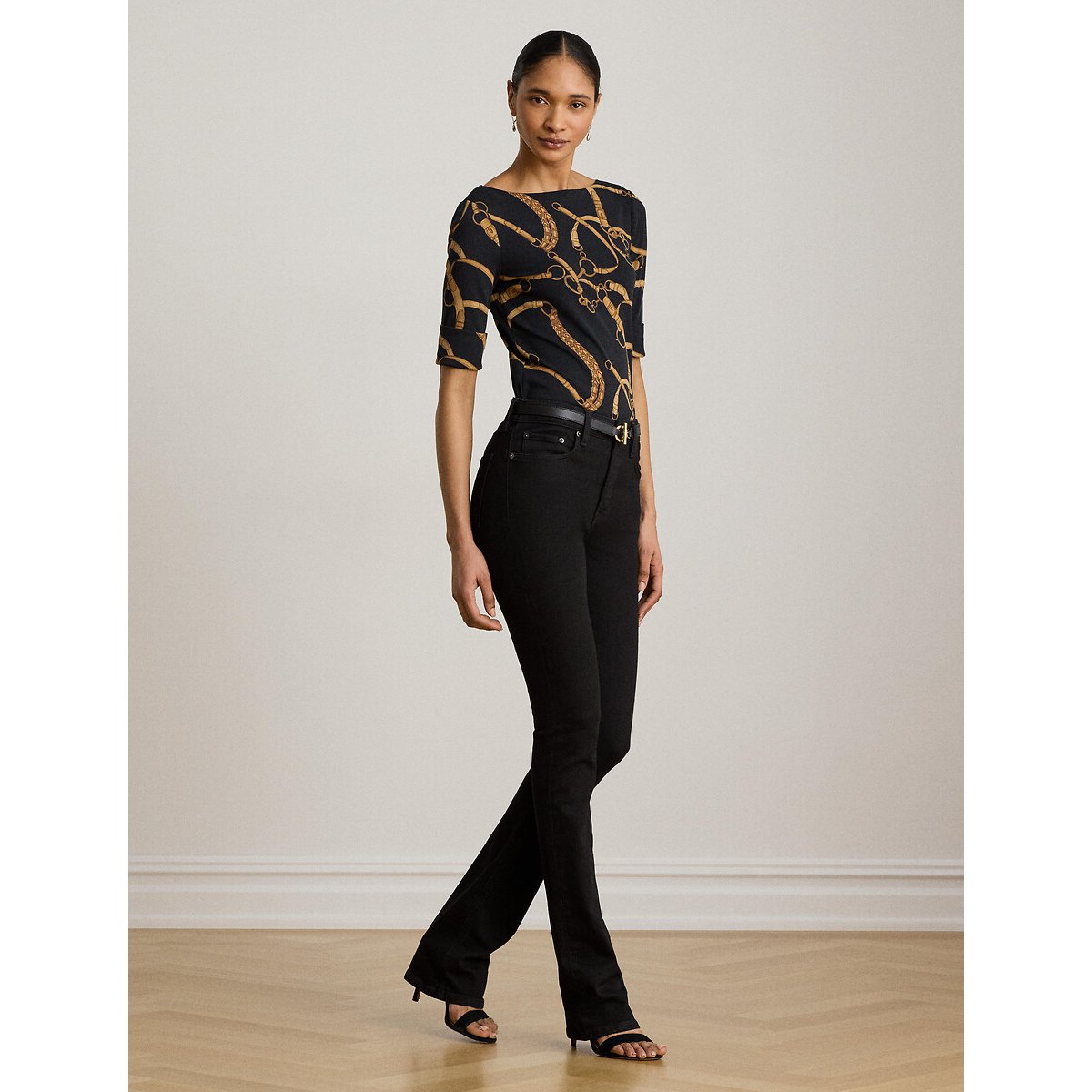 T-shirt manches courtes col bateau imprimé brides noir/marron, LAUREN RALPH LAUREN
