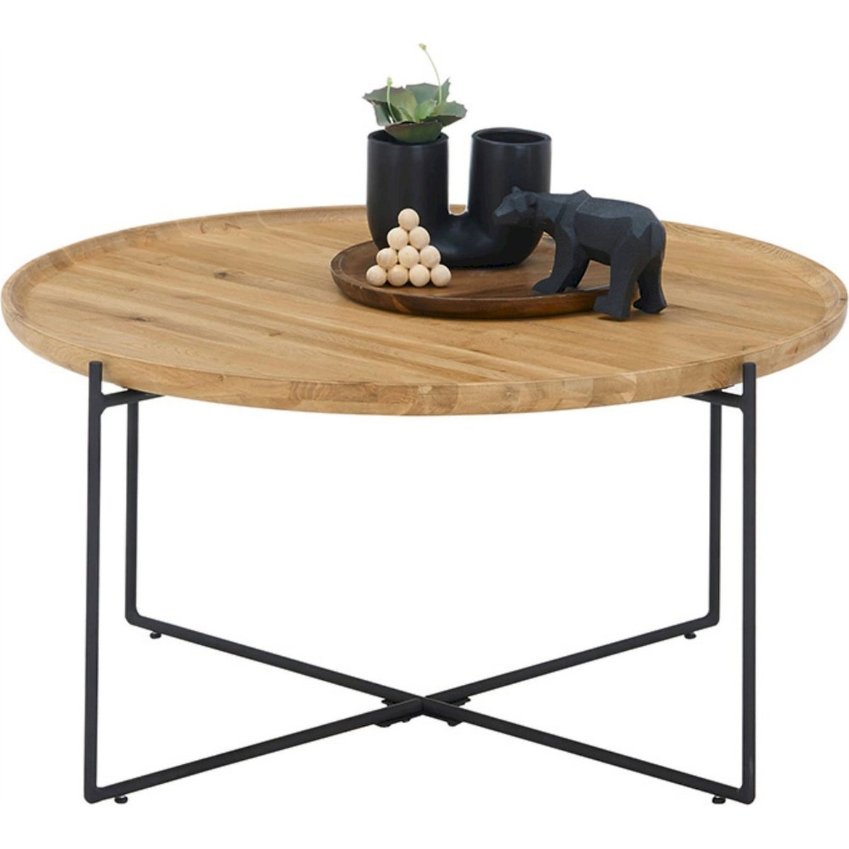 Table basse ronde en bois massif TREVISO bois naturel et noir, RECOLLECTION