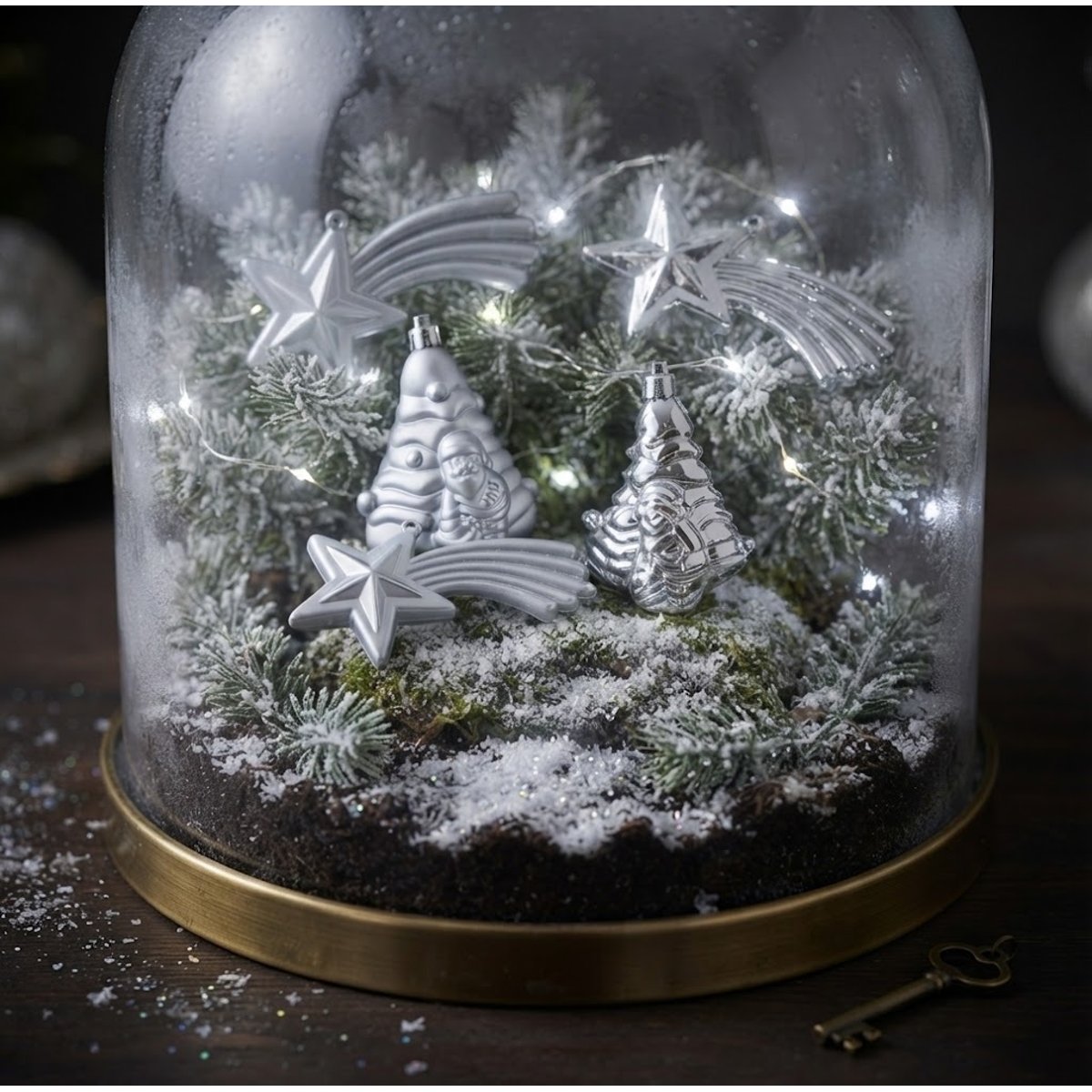 Lot de 4 Boules de Noël 2 Sapins et 2 Étoiles Brillant et Mat argent, EDEN