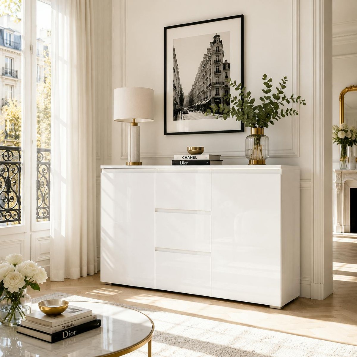 Buffet blanc moderne 2 portes 3 tiroirs ALVA blanc, PIER IMPORT