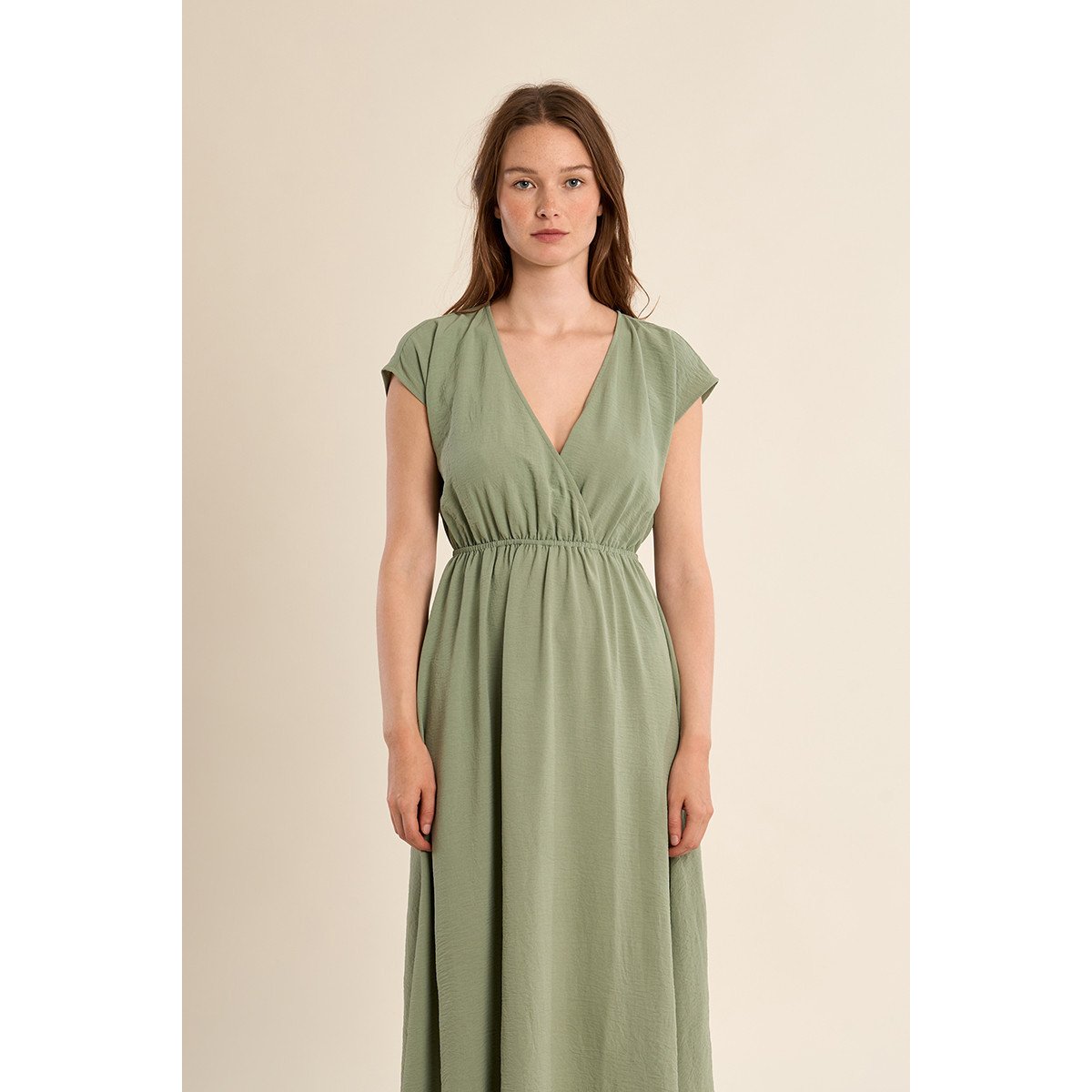 Robe longue avec taille élastiquée sage green, MOLLY BRACKEN