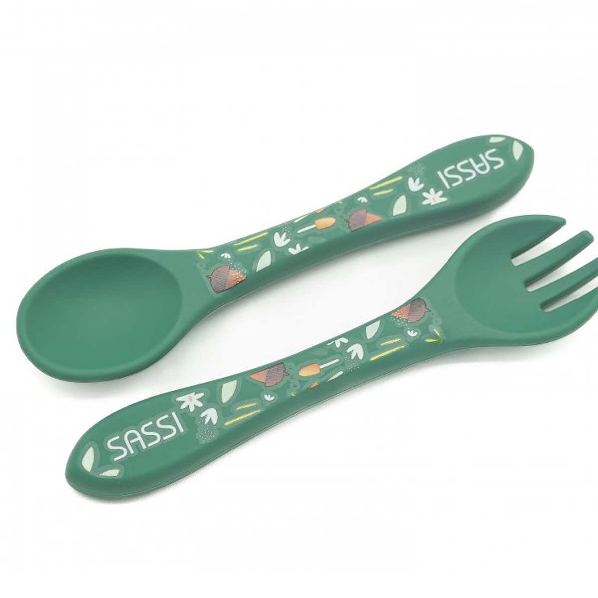 Set fourchette et cuillère en silicone ANIMAUX vert paon, SASSI
