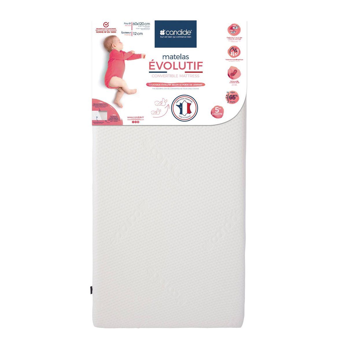Matelas mousse déhoussable 12 cm Evolutif CANDIDE blanc, CANDIDE
