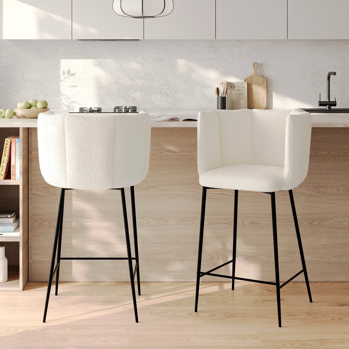 Lot de 2 chaises pour îlot central 67 cm en tissu bouclé - ROSY beige, MAISON PAVANE