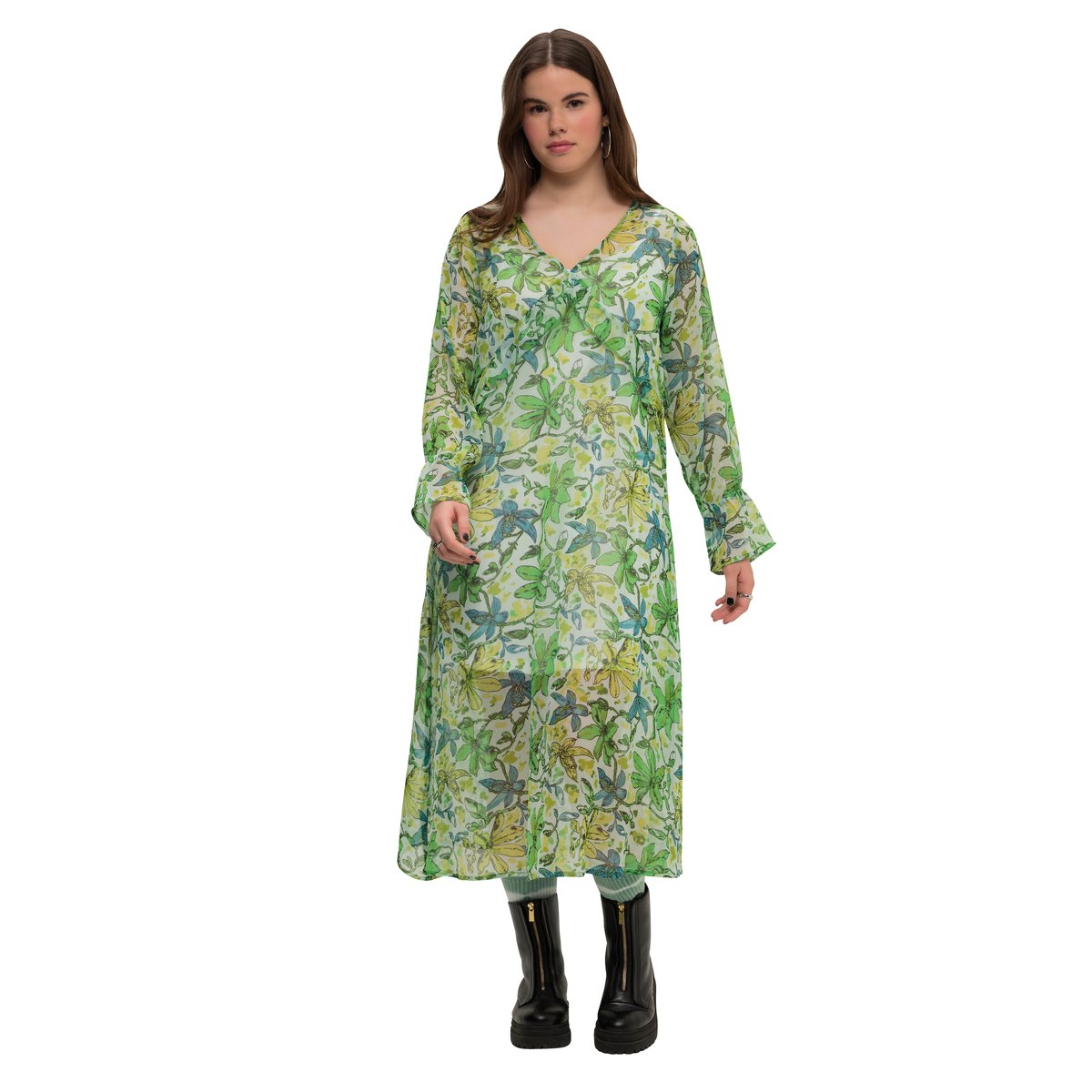 Robe maxi trapèze en mousseline. Imprimé vert clair, STUDIO UNTOLD