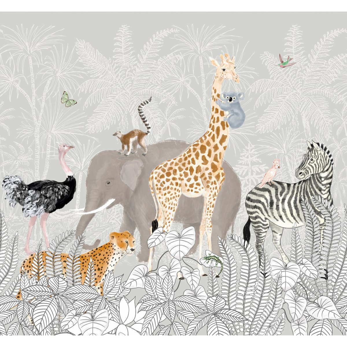 Papier peint panoramique Animaux de la Jungle gris, ocre, noir, ART FOR THE HOME