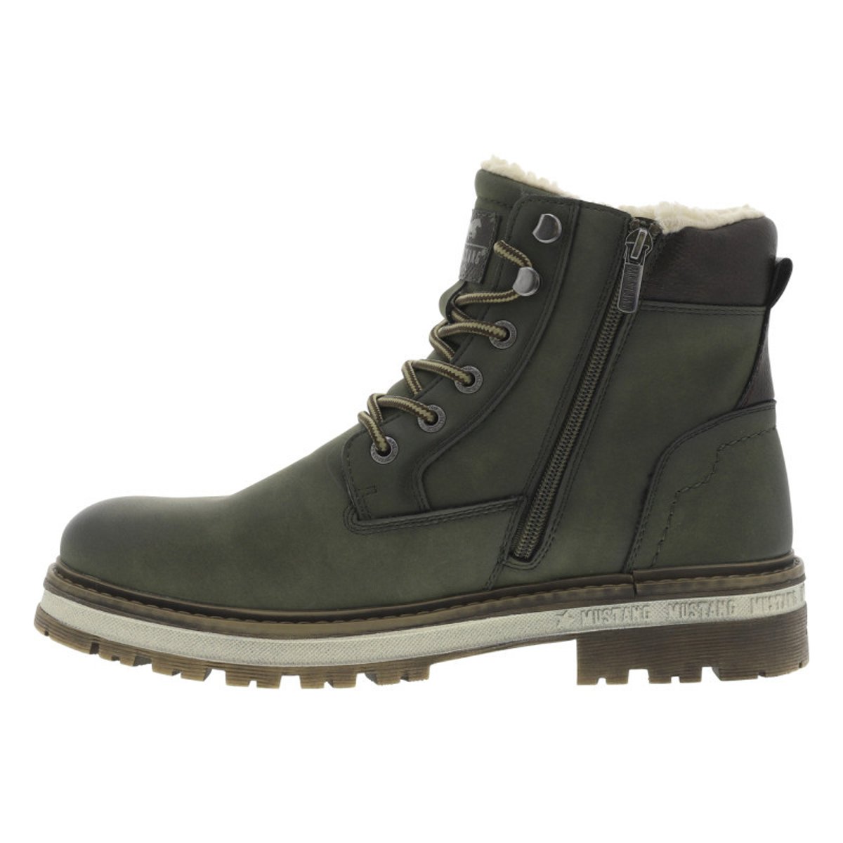 Bottines brunes à talon décroché bas avec une doublure en maille sherpa kaki, MUSTANG