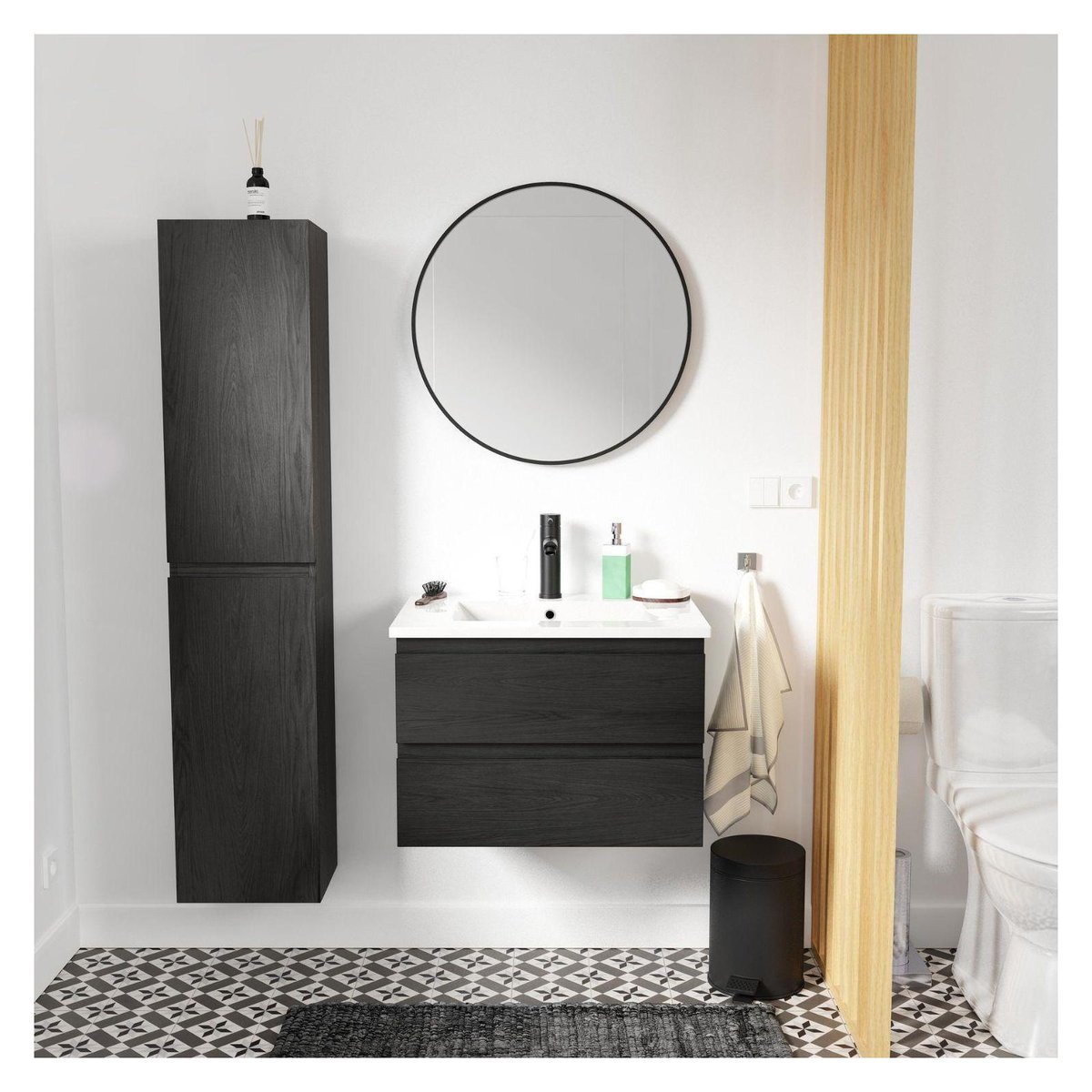 Meuble simple+robinet+miroir+colonne SORRENTO décor chêne carbone, MOB IN