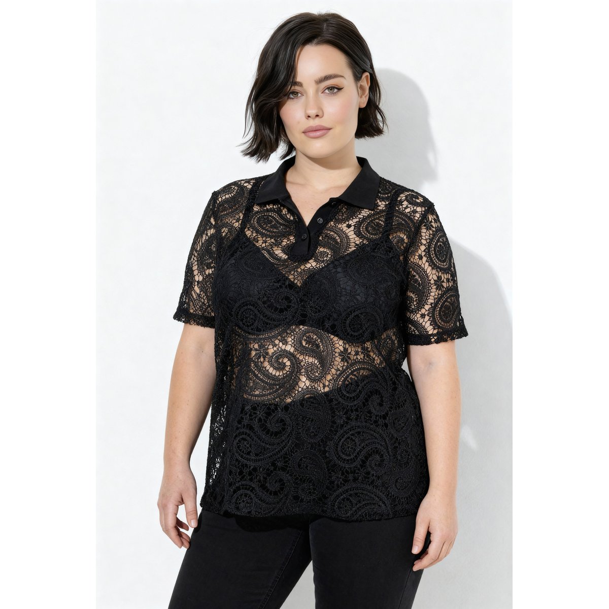 Polo en dentelle, coupe Classic Fit noir, ULLA POPKEN