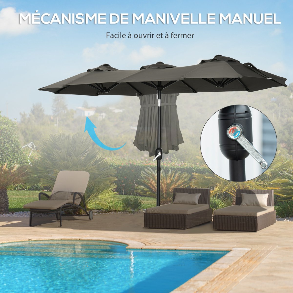 Parasol de jardin XL manivelle acier polyester haute densité gris, OUTSUNNY