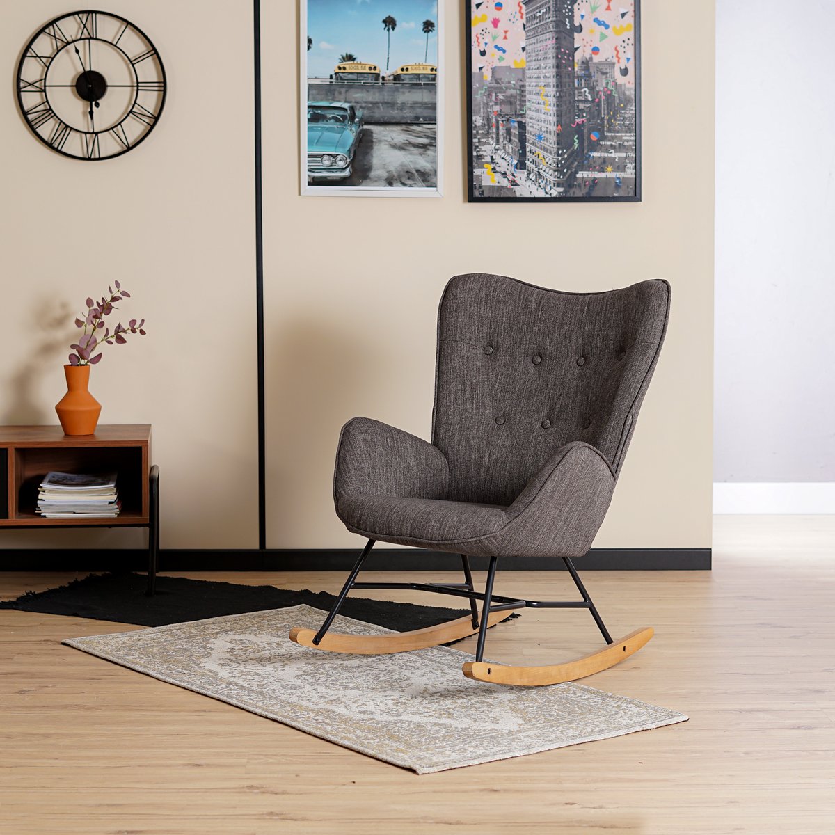 Fauteuil à bascule rocking chair scandinave, EPPING gris foncé, MEUBLES COSY