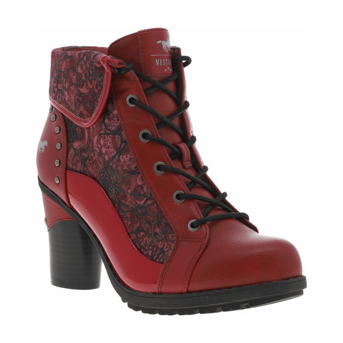 Bottines rouges à talon décroché haut avec un zip et des lacets ronds rouges, MUSTANG