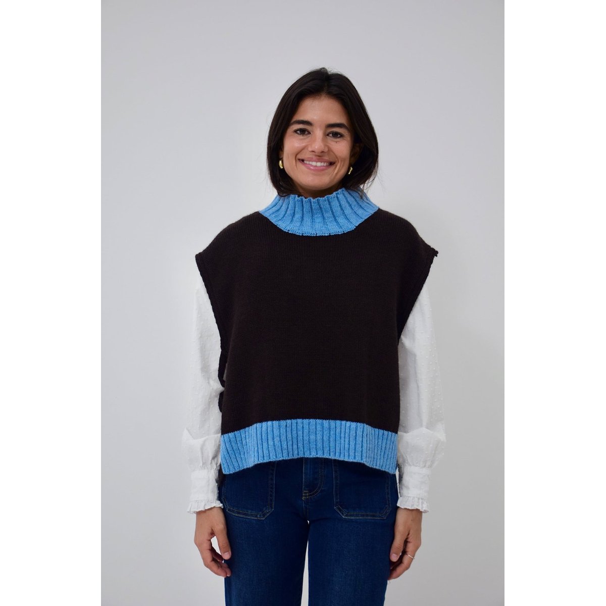 Pull sans manches liens latéraux BRUNA marron / bleu, MINDTRAVELER