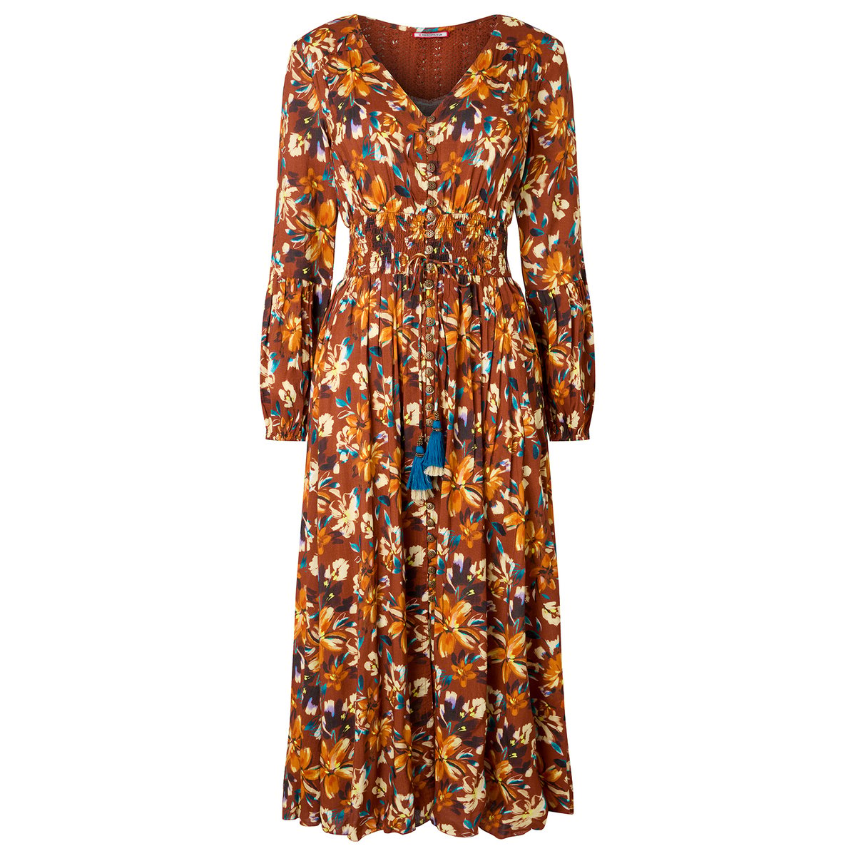 Robe Longue Fleurie à Empiècement en Dentelle Sienna marron, JOE BROWNS