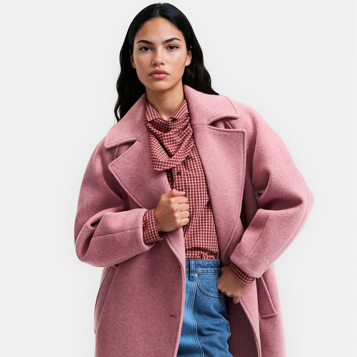 Abrigo largo con cierre asimétrico, mezcla de lana rosa palo, LA REDOUTE COLLECTIONS