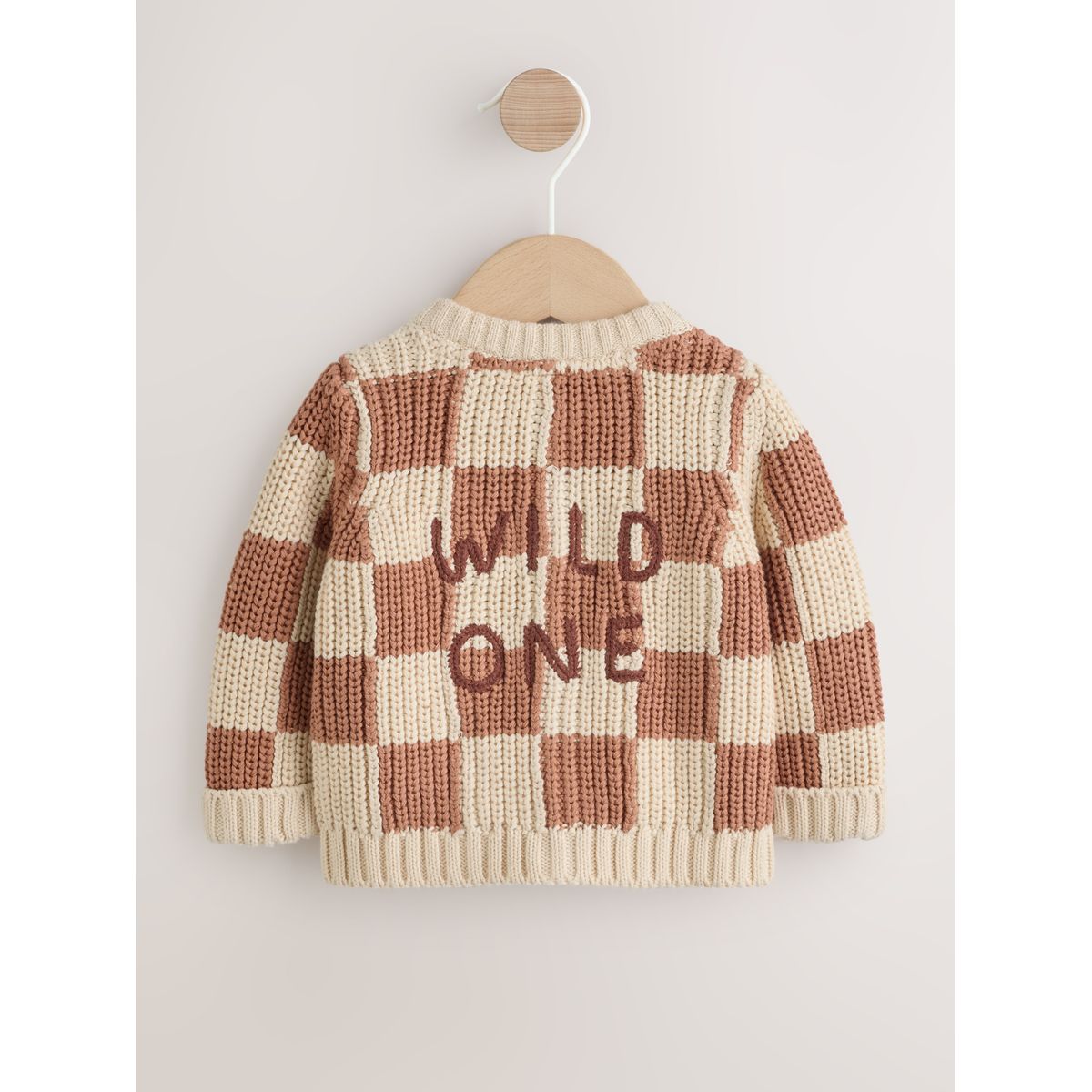 Cardigan bébé en maille à inscription brodée damier beige/écru, NEXT