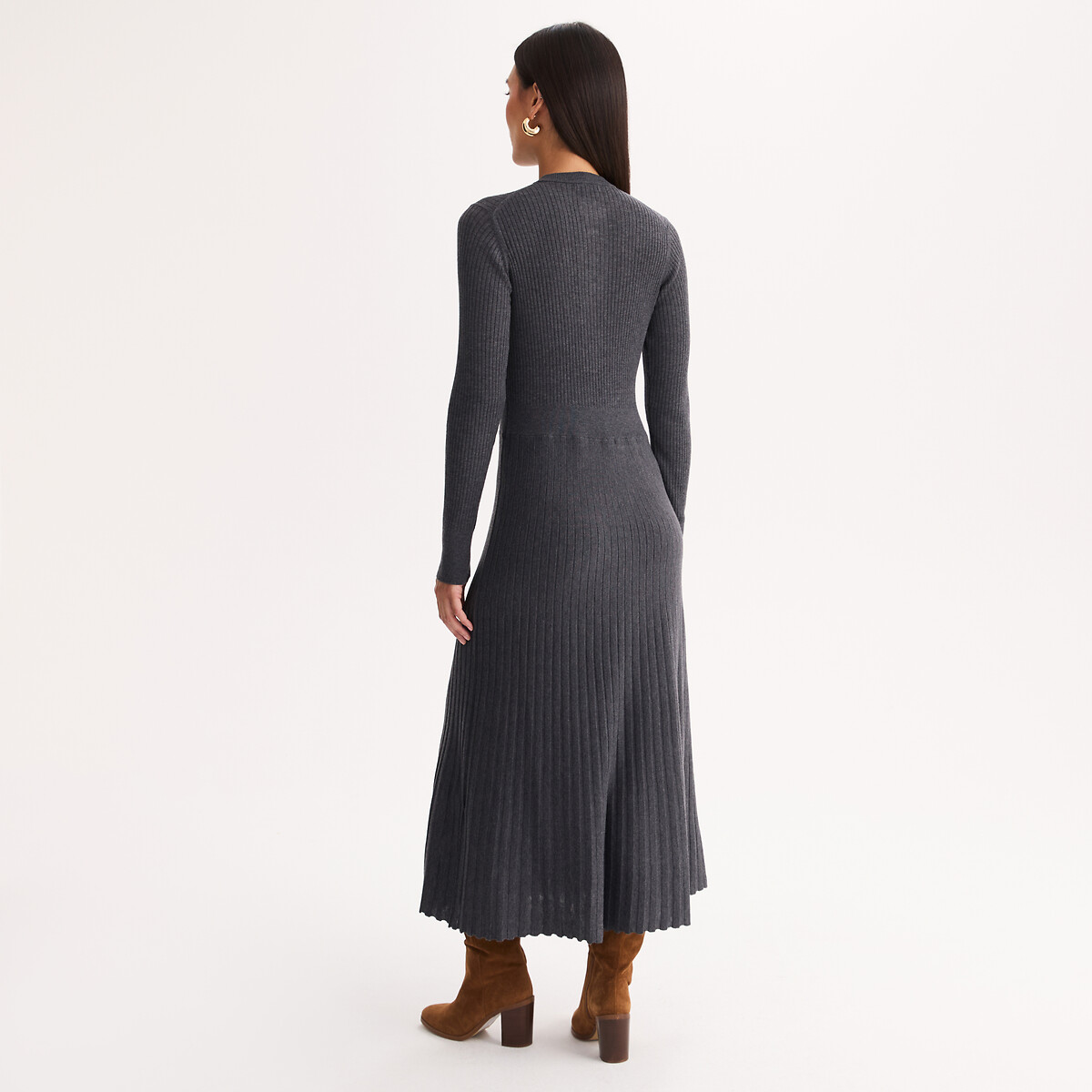 Robe col rond, longueur midi, en laine mélangée côtelée gris anthracite, ANNE WEYBURN