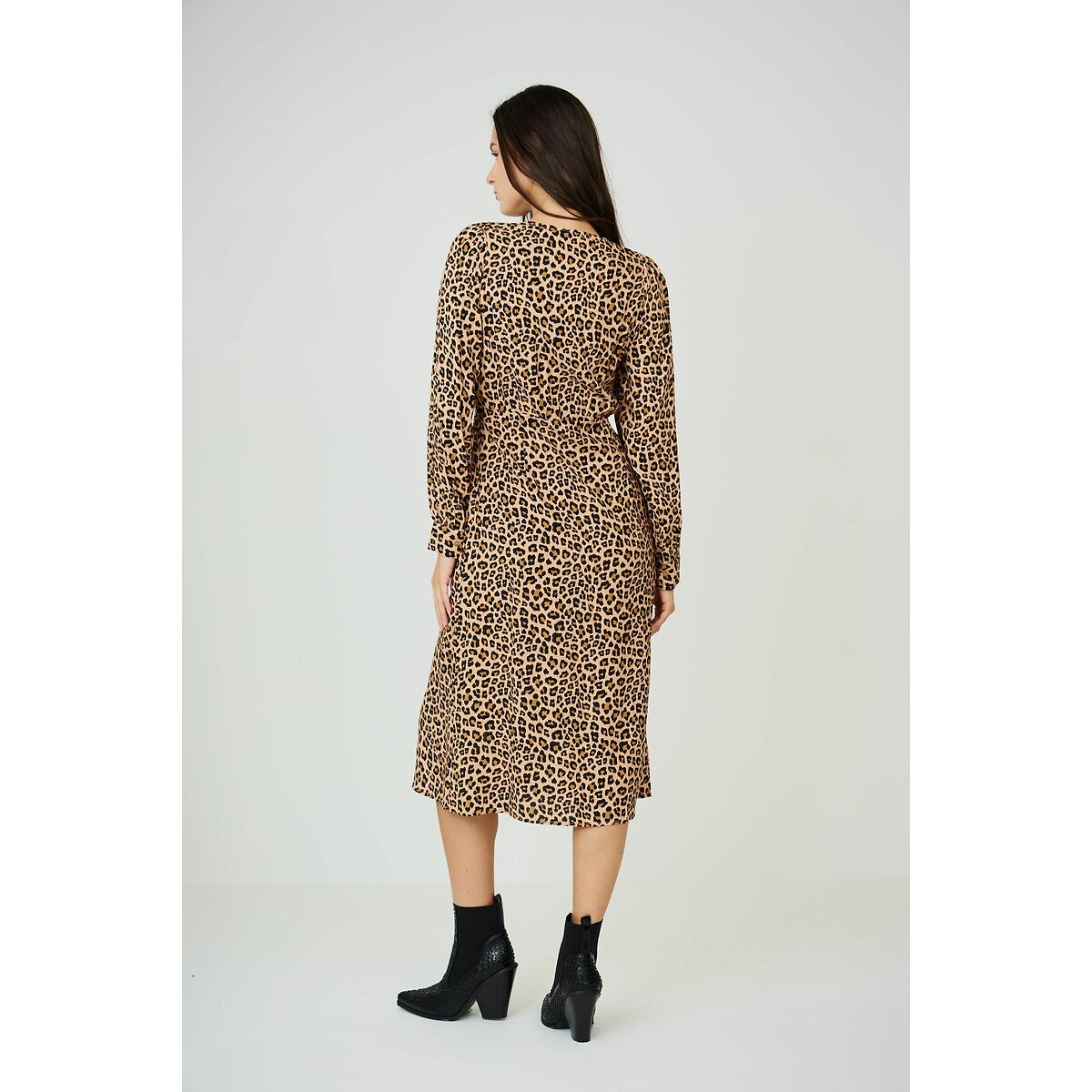 Animal Print Midi Dress with V-Neck and Long Sleeves leopard print, SEE U SOON