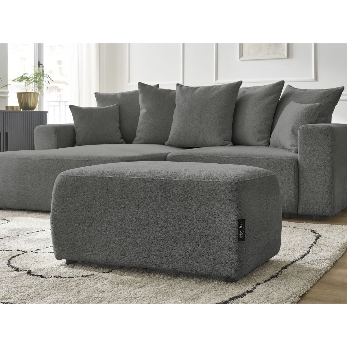 Canapé d'angle convertible 5 places en tissu chiné avec pouf, ATILLA gris foncé, BOBOCHIC