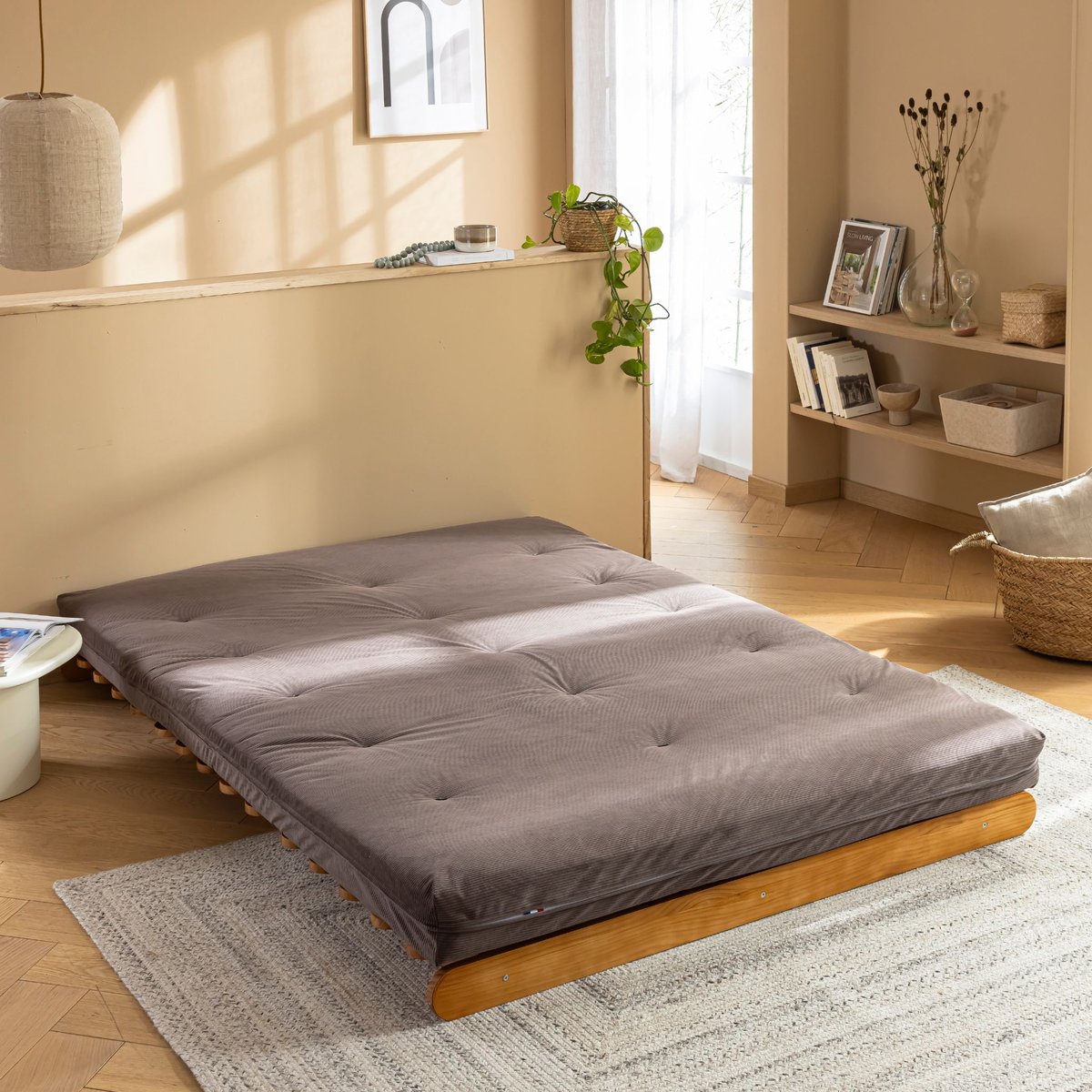 Matelas futon latex ferme velours côtelé marron, TERRE DE NUIT