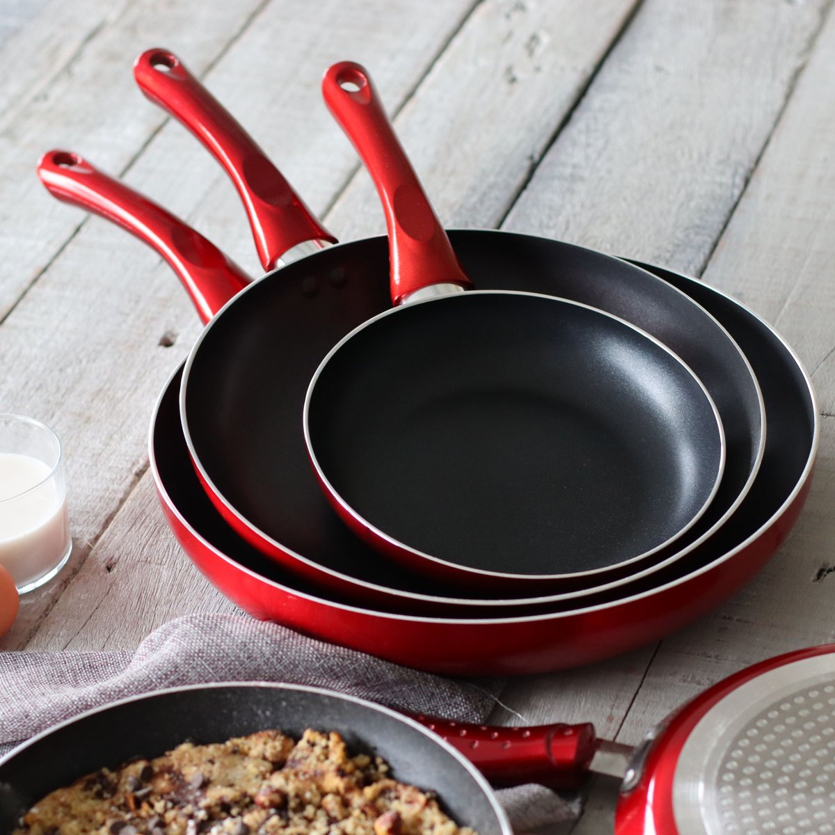 Set de 3 poêles 20/24/28 cm en aluminium, CERISE rouge, MENASTYL