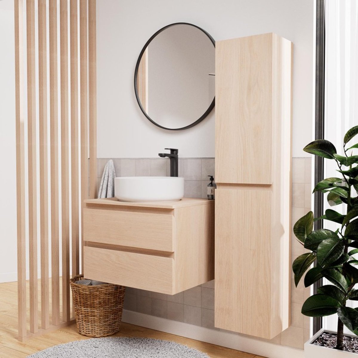 Ensemble meuble simple vasque 60 cm + vasque + robinet + miroir + colonne SORRENTO chêne, MOB IN