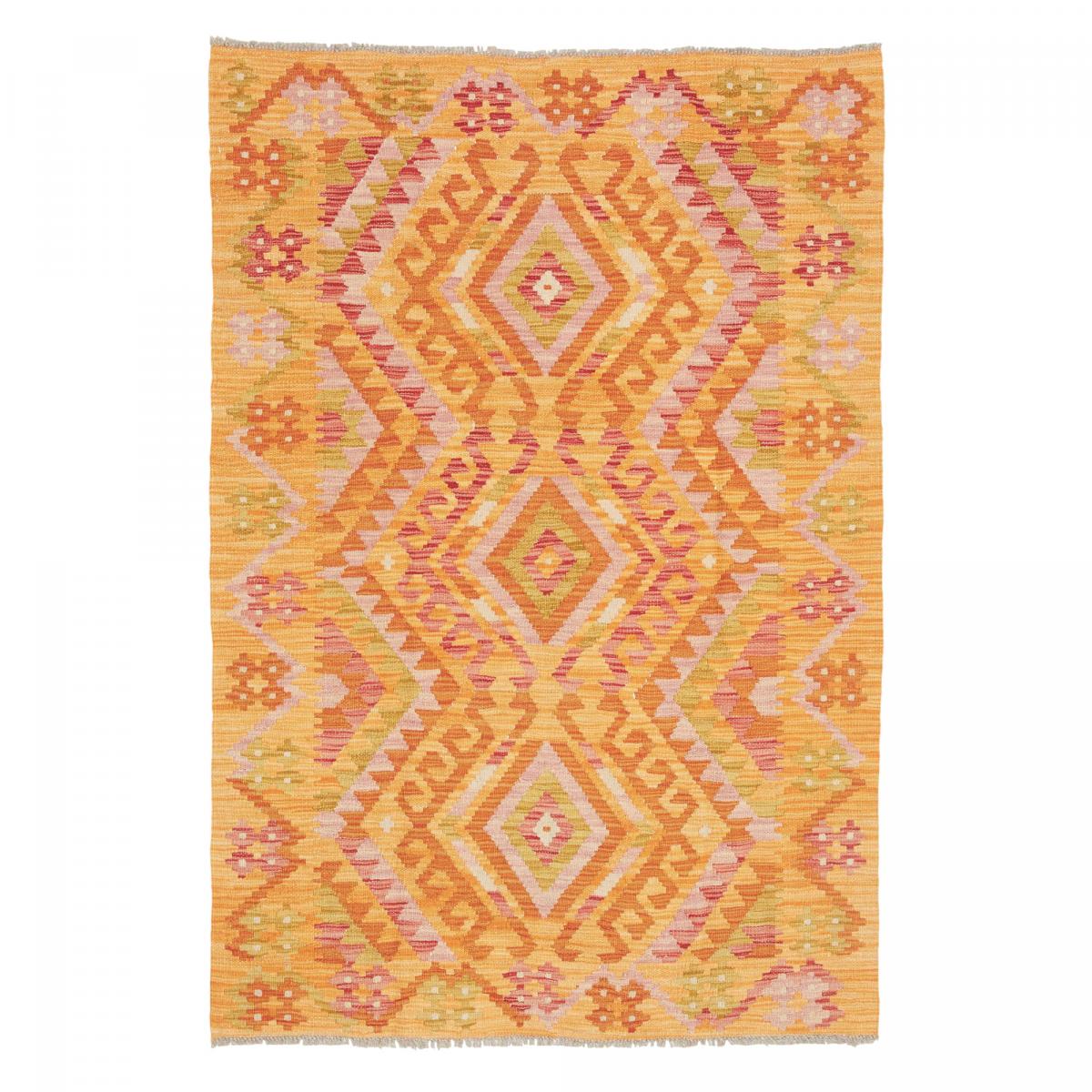 Tapis kilim ethnique, tissage plat artisanal, KILIM 78 orange, rouge, vert, UN AMOUR DE TAPIS