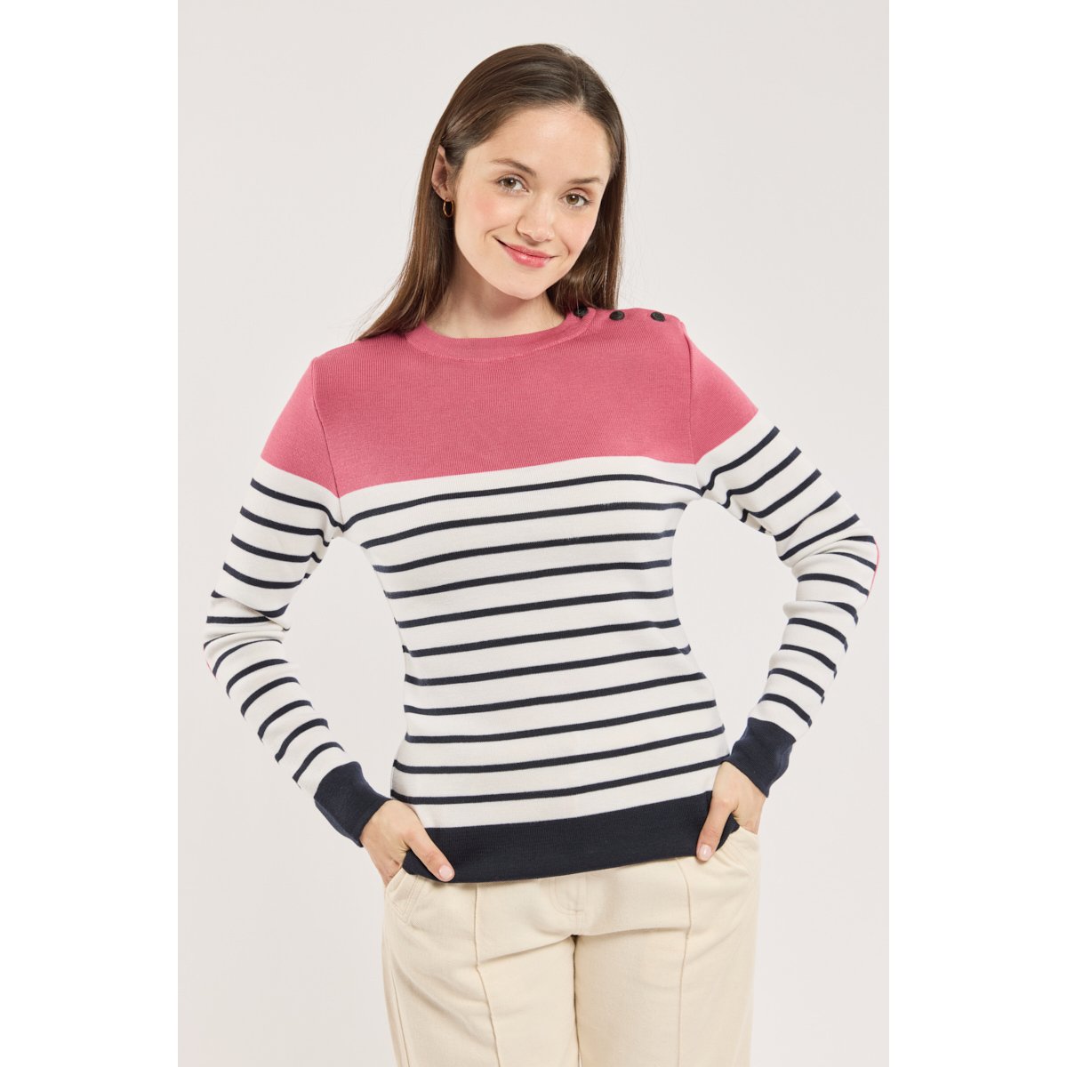 Pull marin avec coudières - laine rich navy/nature/framboise, ARMOR-LUX
