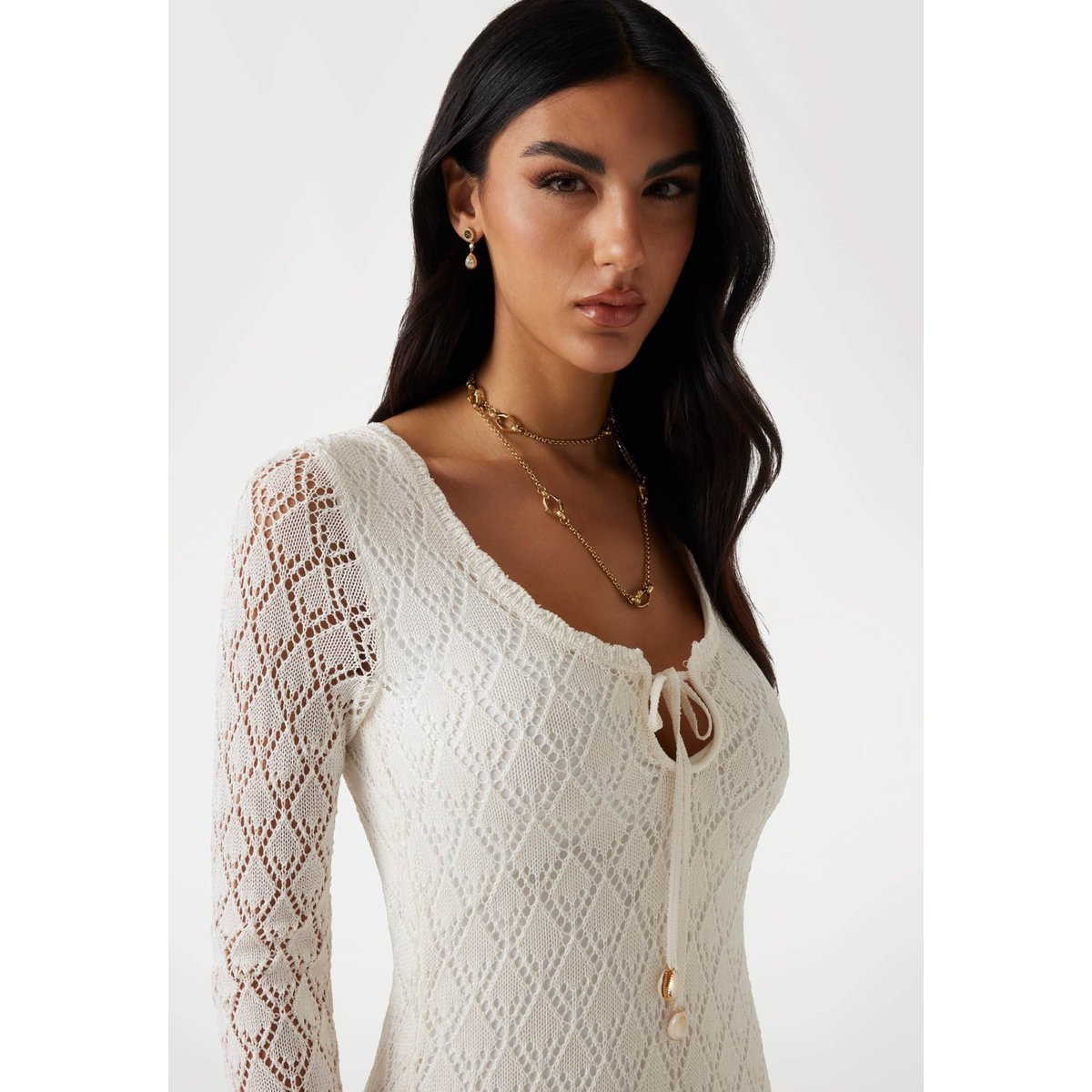 Maxi Robe Bodycon Ajourée blanc, GUESS