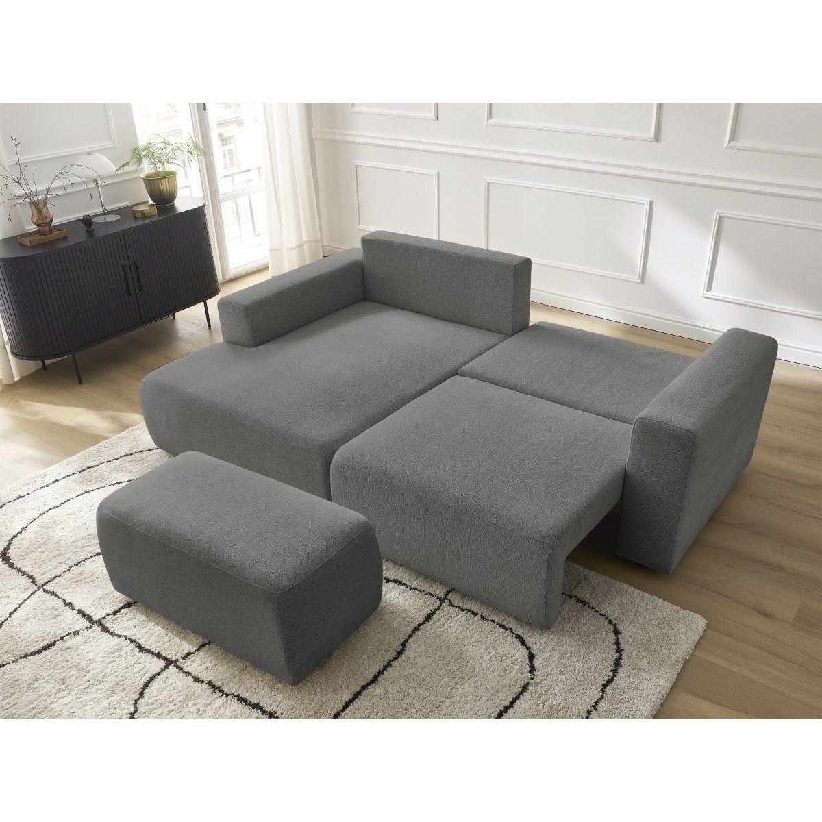 Canapé d'angle convertible 5 places en tissu chiné avec pouf, ATILLA gris foncé, BOBOCHIC