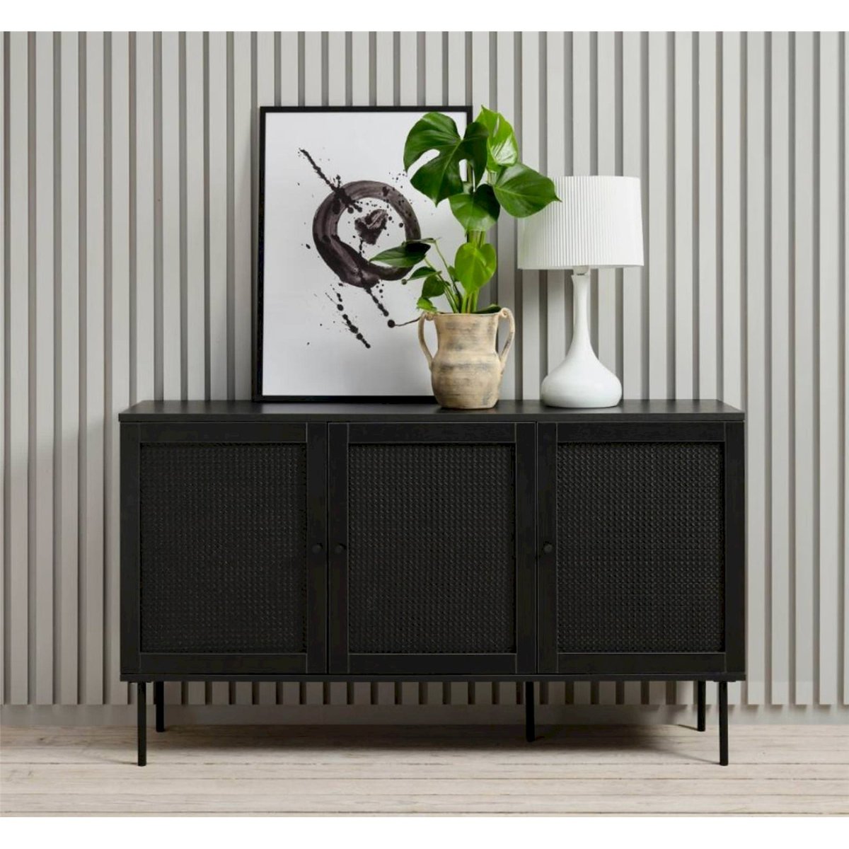Buffet 3 portes effet cannage MOGEST beige et noir, RECOLLECTION
