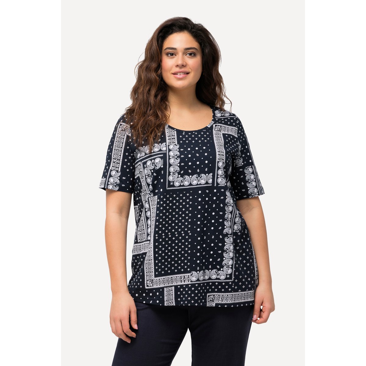 T-shirt en coton bio à motif patchwork marine, ULLA POPKEN