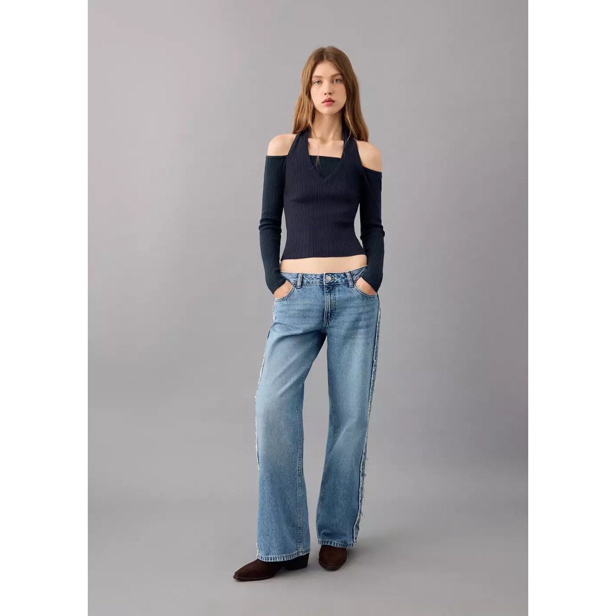 Top halter à manches longues bleu marine, MANGO TEEN