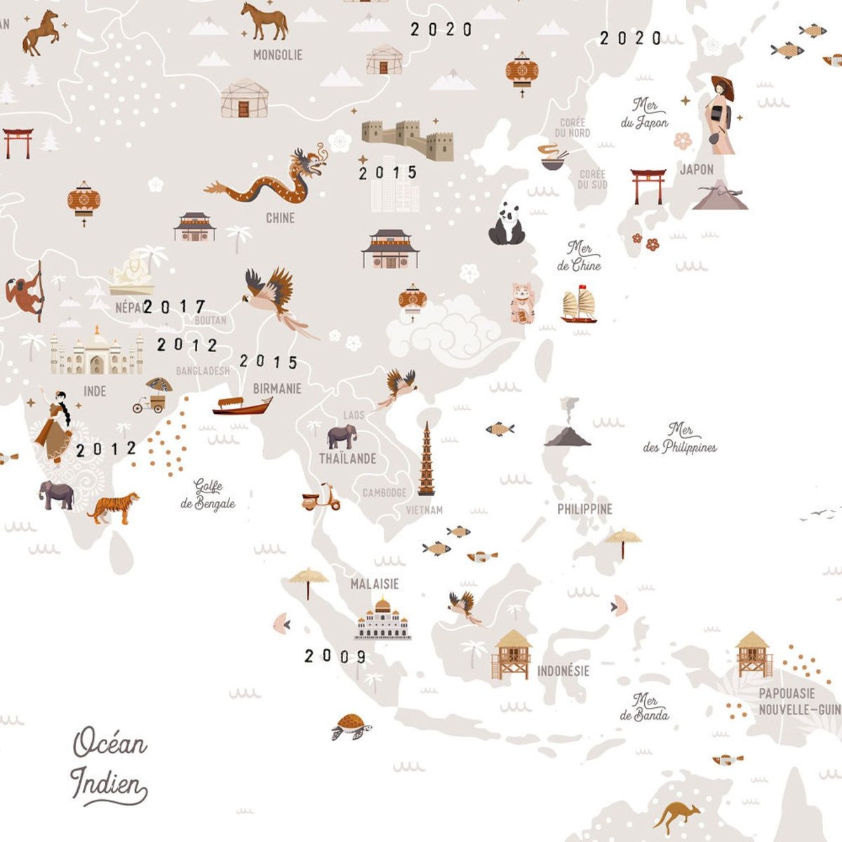 Affiche Carte du monde marron, beige, blanc, LES PETITES DATES