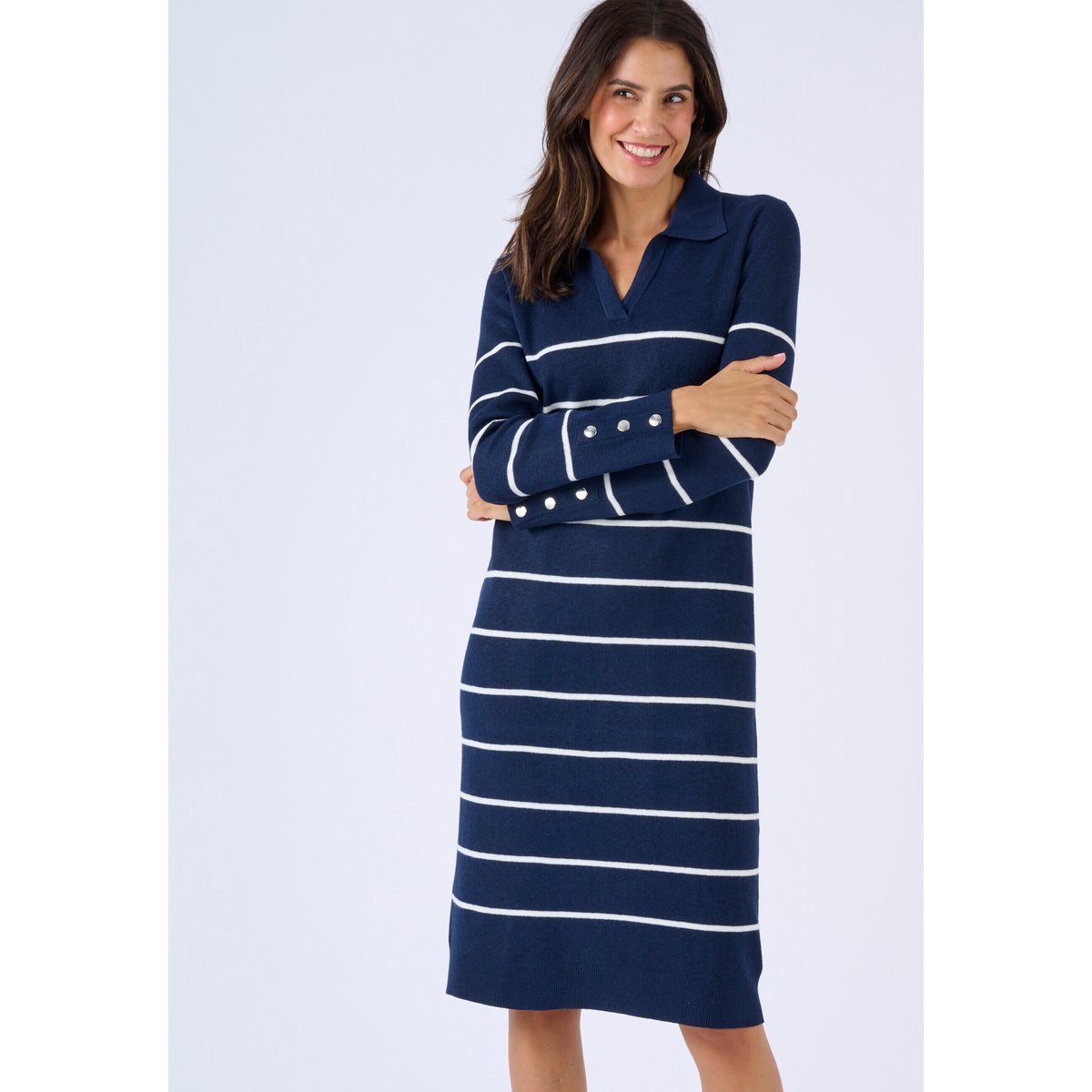 Robe-pull col polo rayée bleu marine, DAMART