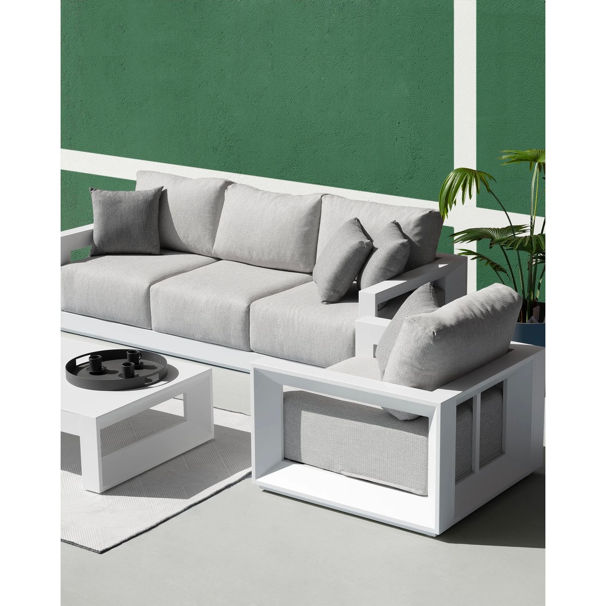 Salon de jardin 7 places, SAN FRANCISCO blanc, coussin beige, DEFORA HOME
