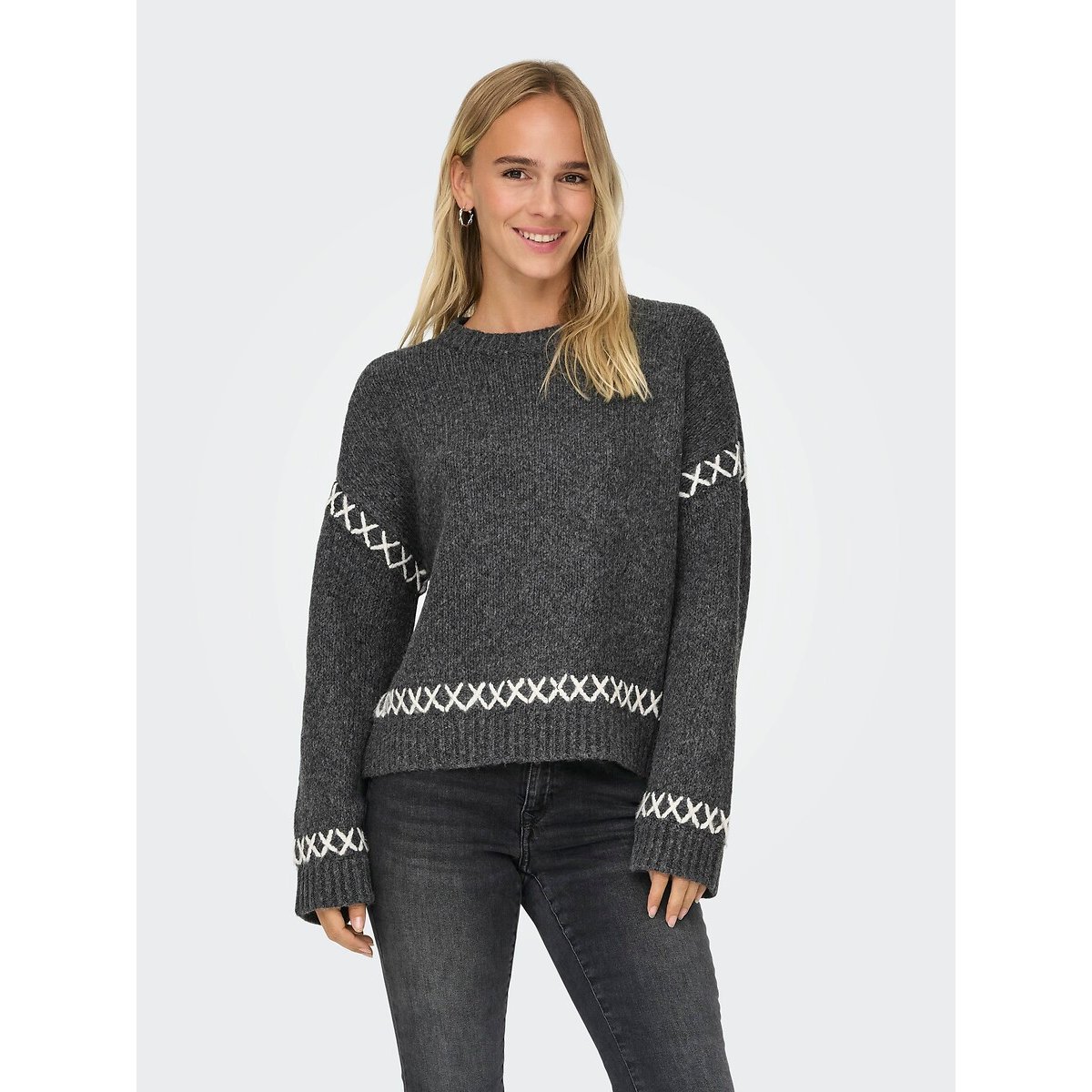 Crew Neck Jumper with Contrasting Seam Details dark grey            , ONLY