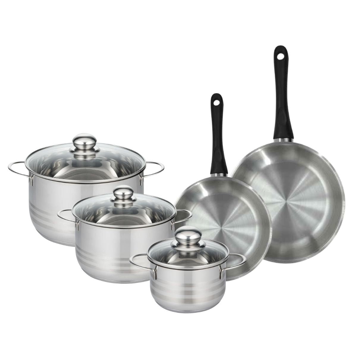 Batterie 2 poêles 20/24cm + 3 faitouts 16/20/24cm BRILLANT inox|noir, FACKELMANN