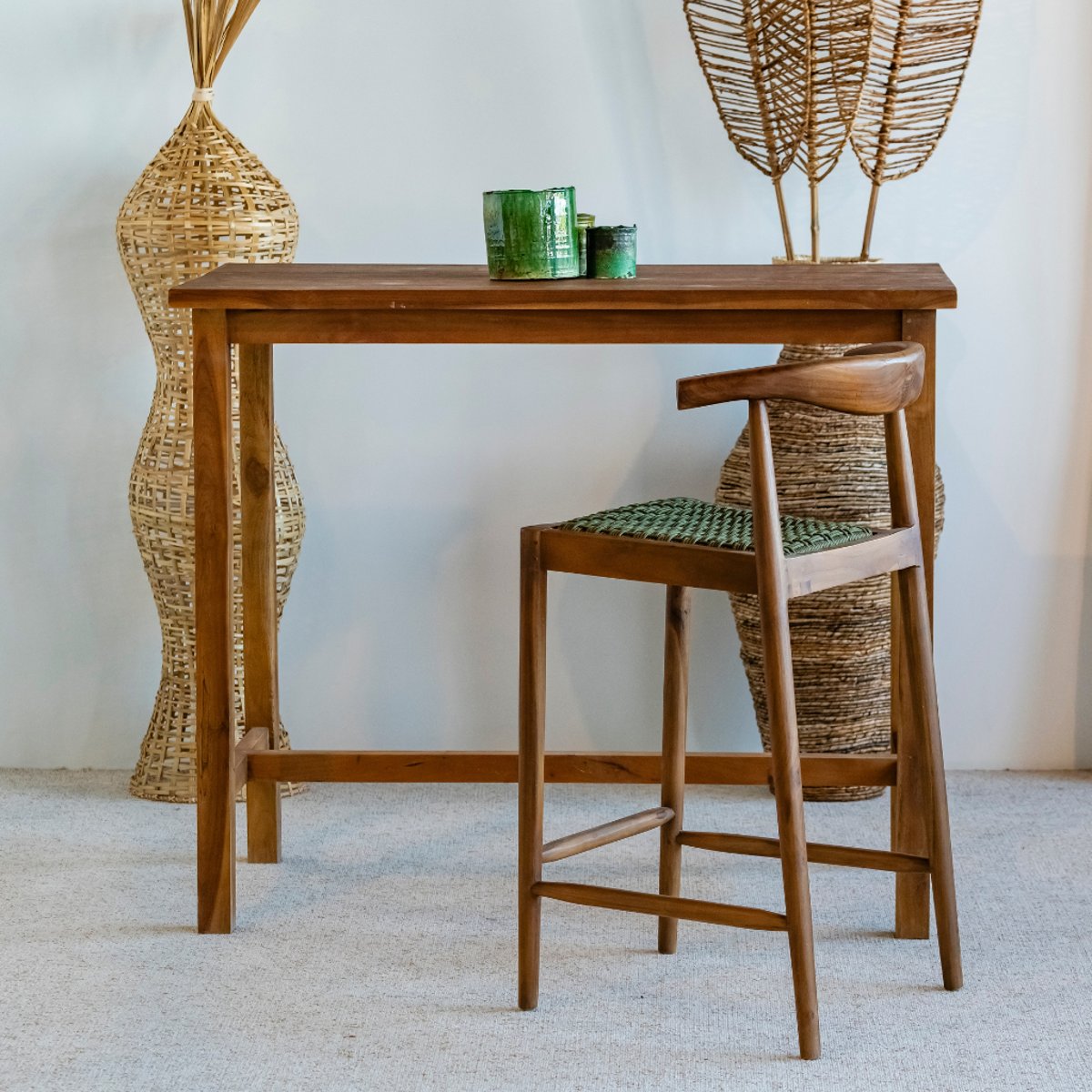 Chaise haute de bar en teck et corde AMBIA vert, HYDILE