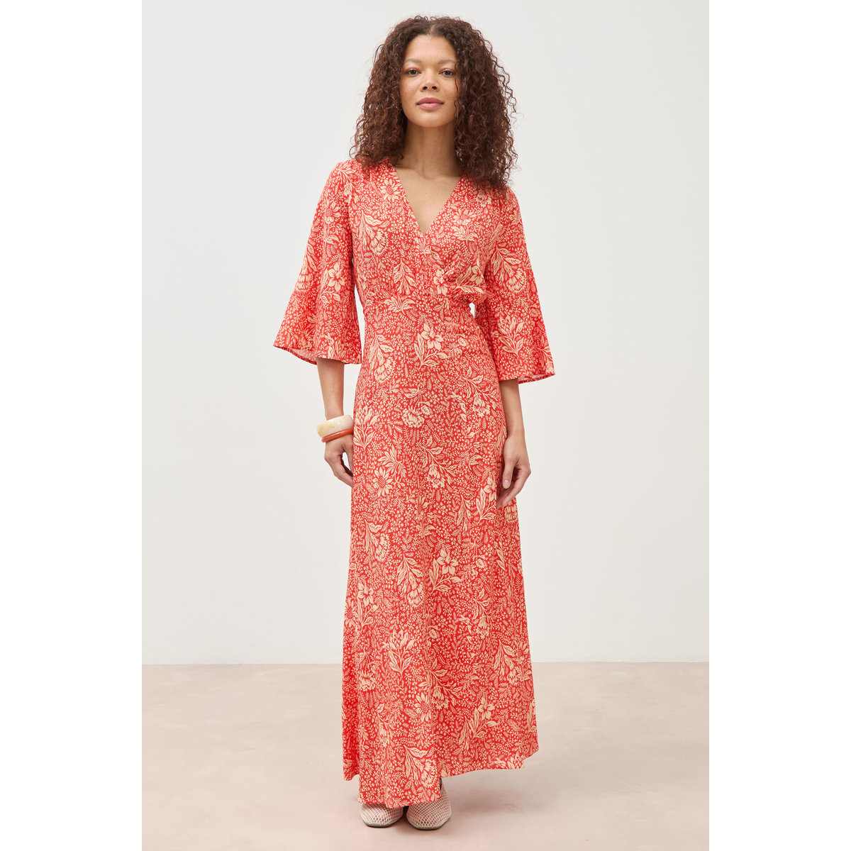 Robe col v manches longues rouge corail, BONOBO