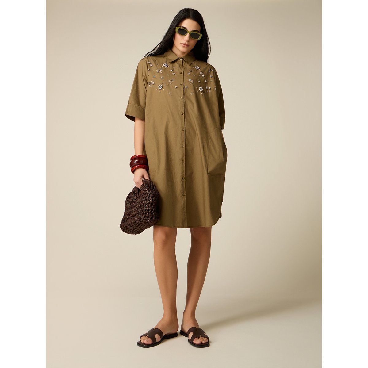 Robe chemise avec strass verde militare, OLTRE