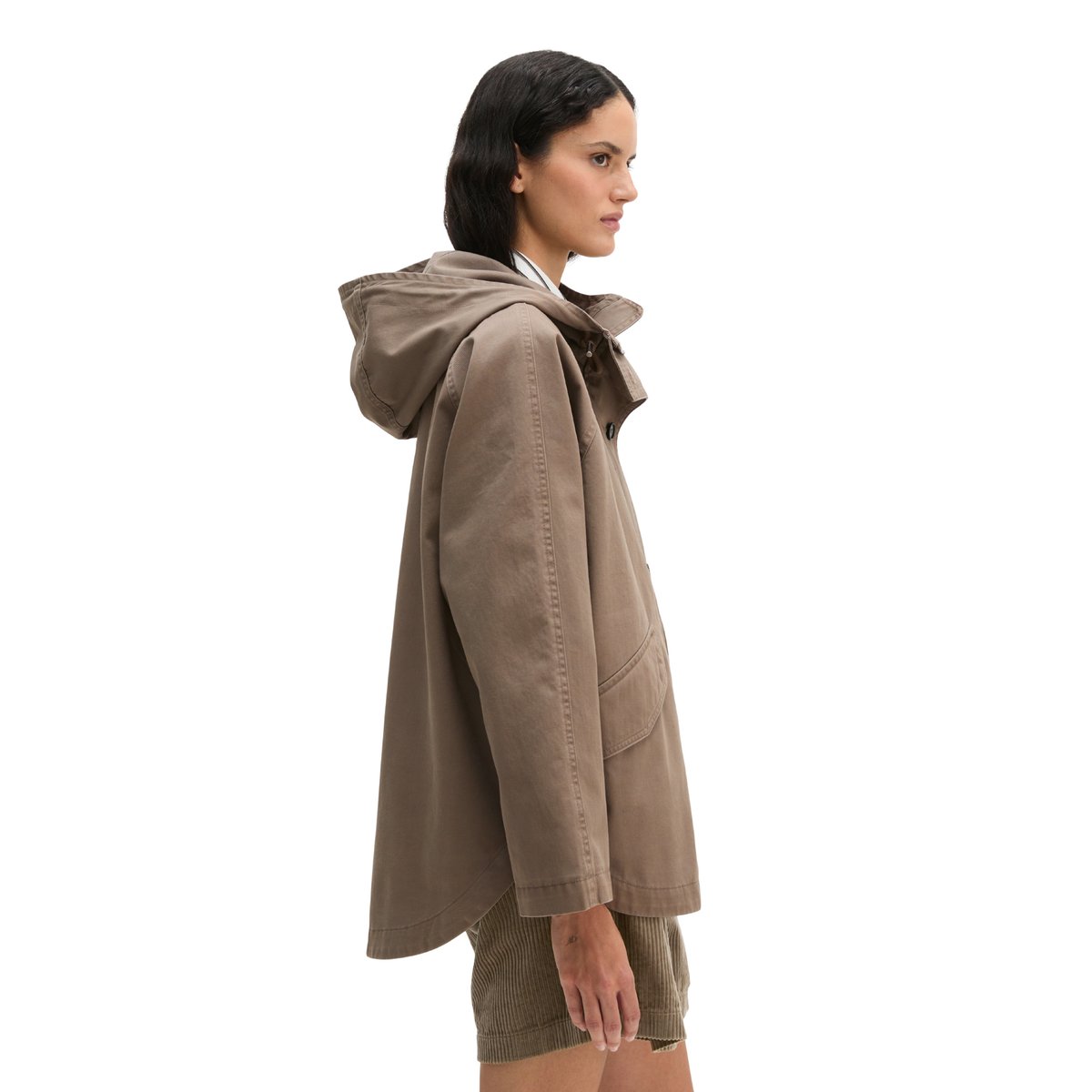 Veste cape avec capuche relaxed garment-dyed en sergé de coton organique marron, MARC O'POLO