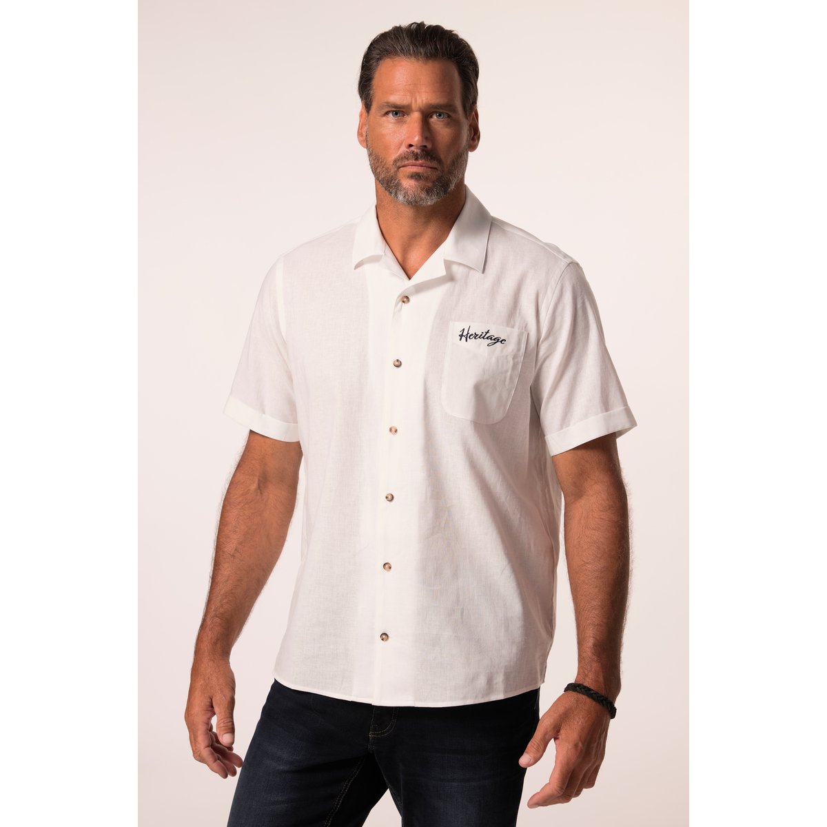 Chemise en lin mélangé, motif brodé blanc cassé, JP1880